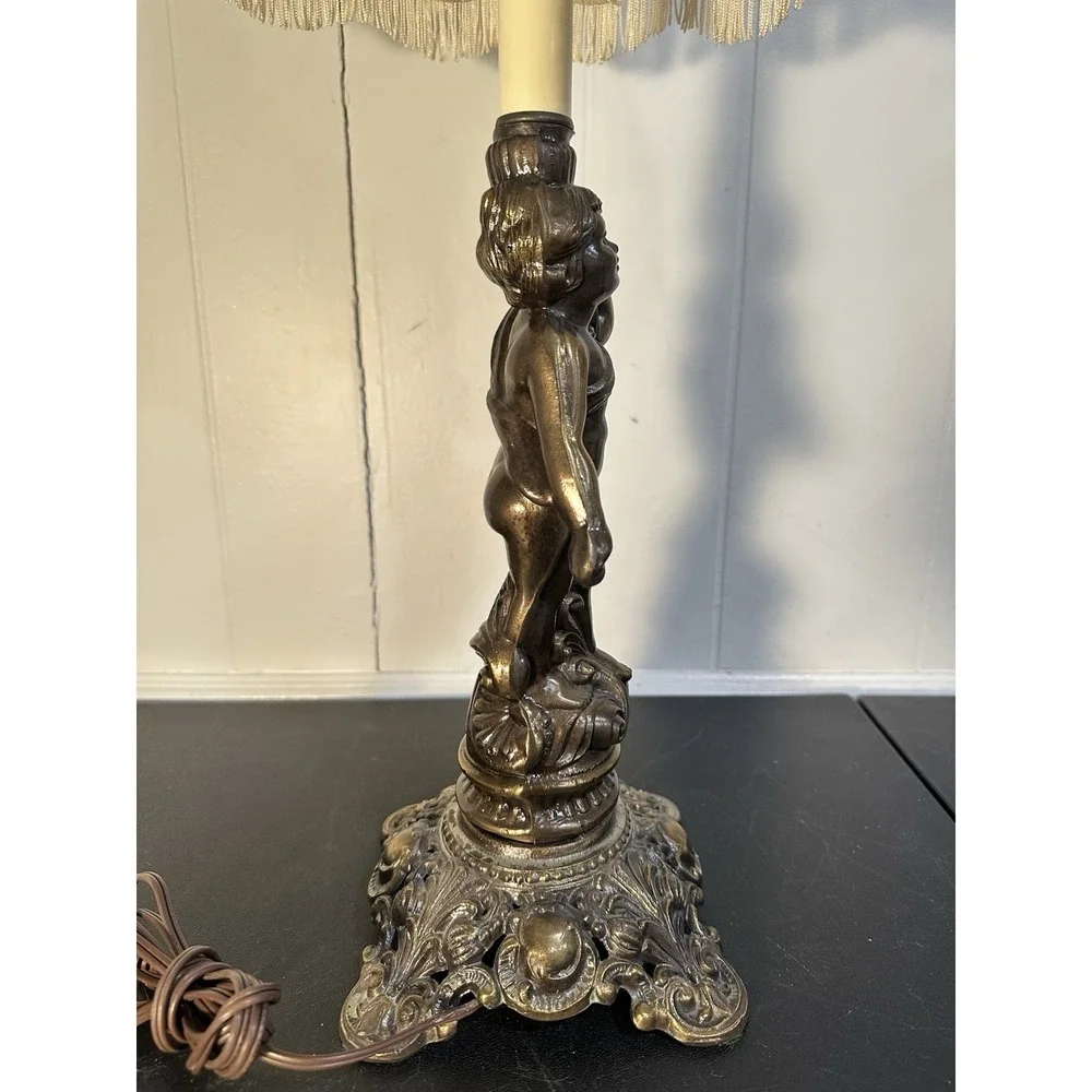 VTG Cast Metal Cherub Table Lamp Art Deco Style Wescal Hardware Fringe Shade 28